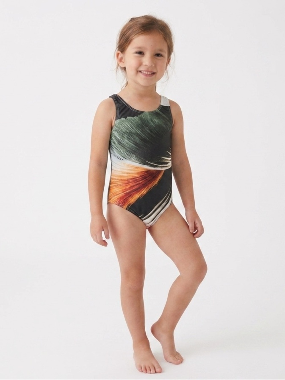 Girls' One-Piece Swimsuit in Green & Orange Brushstroke Print